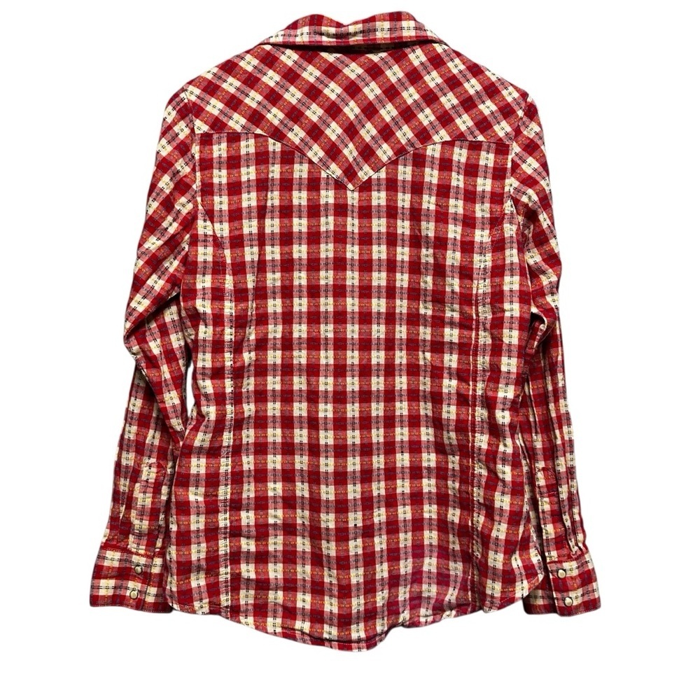 Wrangler Red White Gingham Checkered Vneck Pearl Snap Button Down Size Medium - Picture 2 of 7